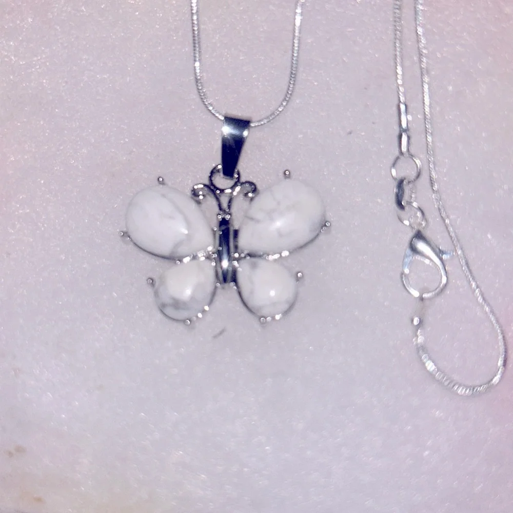 Boho hippie Howlite Crystal Butterfly Sterling Silver 18” Necklace